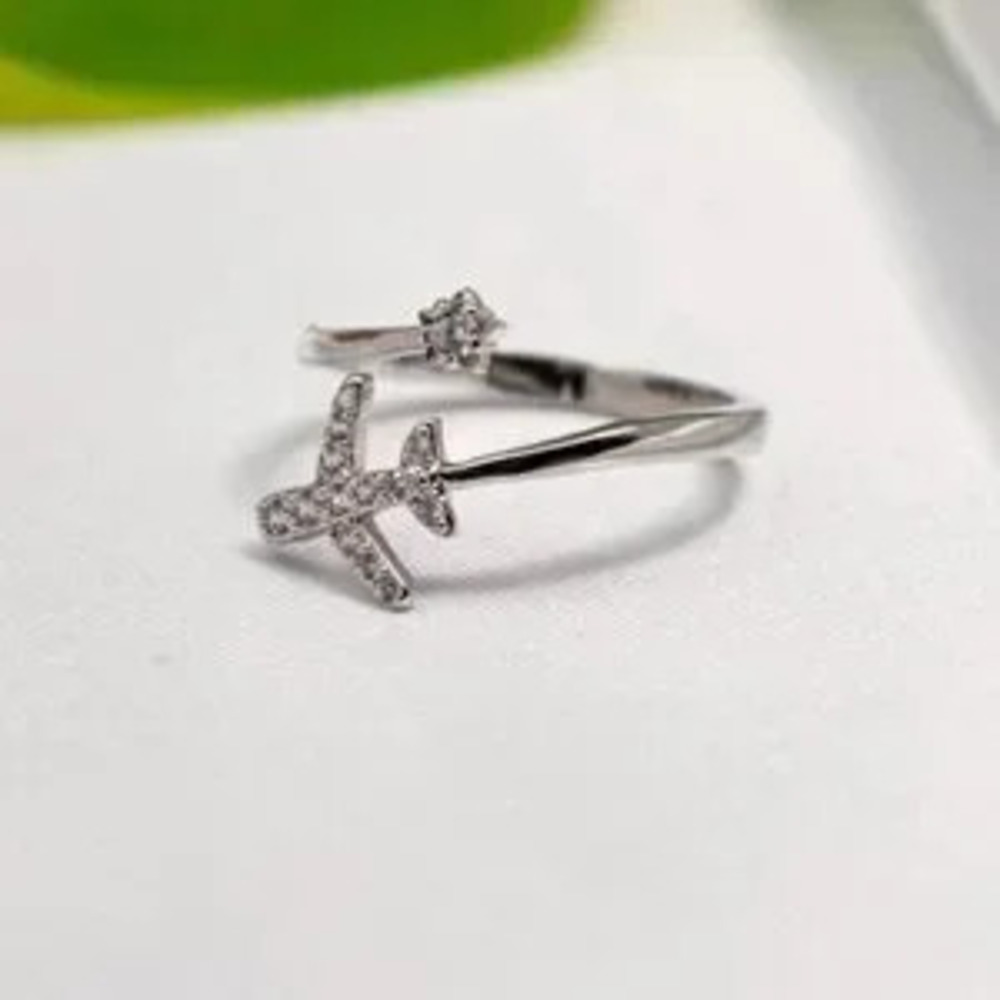 Elegant Silver Airplane CZ Adjustable Ring